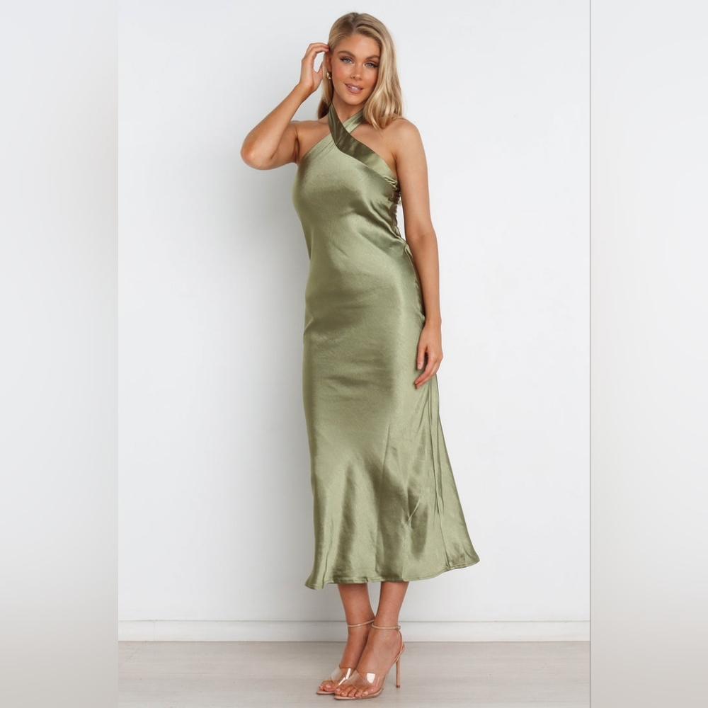 Petal + Pup Green Grasie Tie Halter Satin Cocktail Midi Slip Dress Size 4US